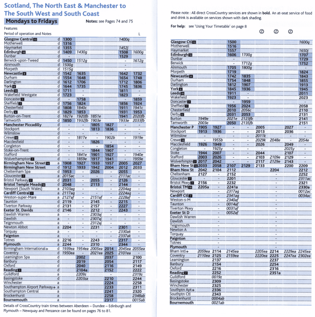 CrossCountry timetable from Scotland and Manchester to the South Coast