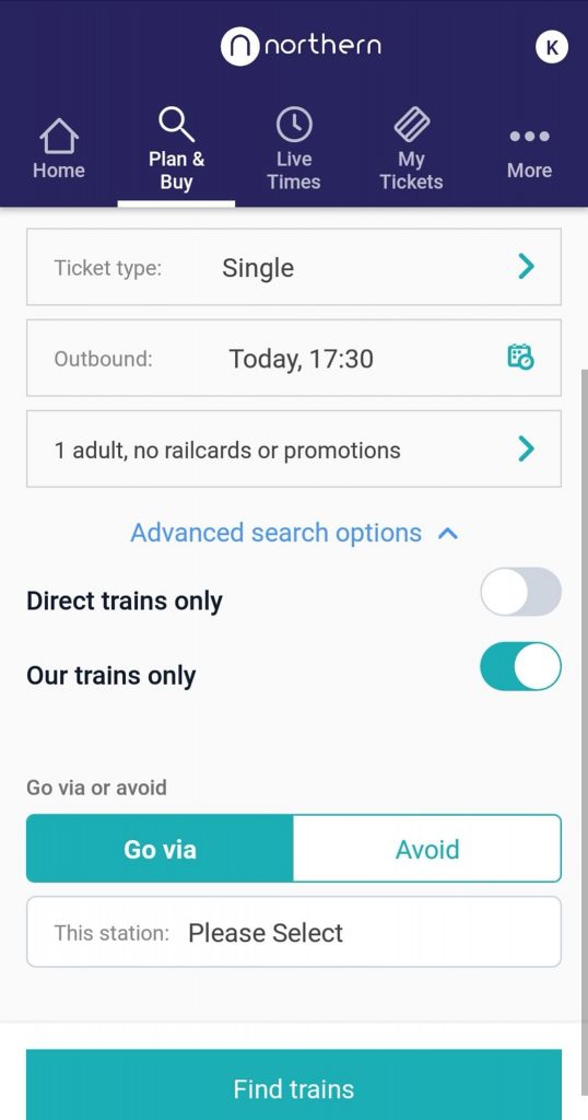 A screenshot from the Northern Railway app showing a search for a Manchester Victroria to Leeds single journey 'Today at 1730', with a slider selected against an option labelled 'Our trains only'.