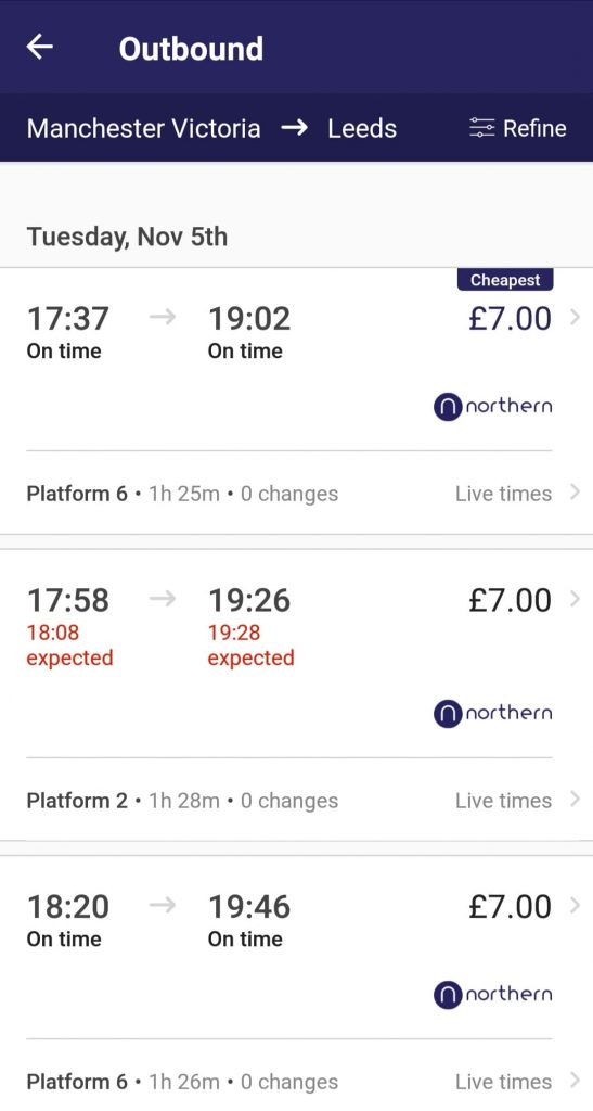 The results from a search in the Northern Railway app, showing Northern trains from Manchester Victoria to Leeds at 1737, 1758 and 1820 all priced at £7. One train is shown running 10 minutes late, and trains are shown with platform numbers.