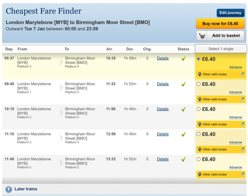 National Rail Enquiries 'Cheapest Fare Finder' screen showing London Marylebone to Birmingham Moor Street trains throughout the morning of Tuesday 7th January 2020, at various times, at a price of £6.40