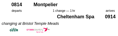 Morning Peak itinerary departing Montpelier at 08:14 and arriving at Cheltenham Spa at 09:14